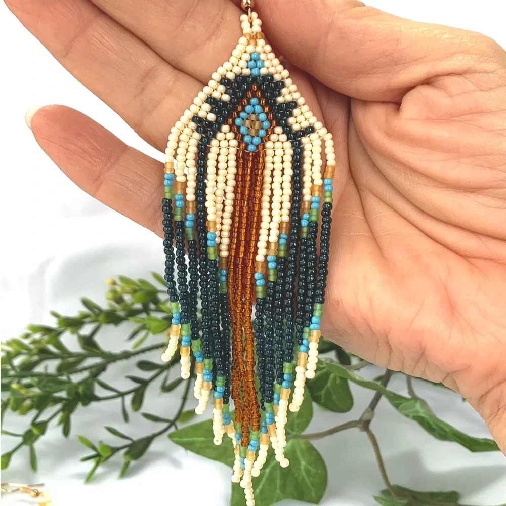 Gypsy Boho Beaded Tassel Drop Earrings Southwestern Tribal - Picture 6 of 8